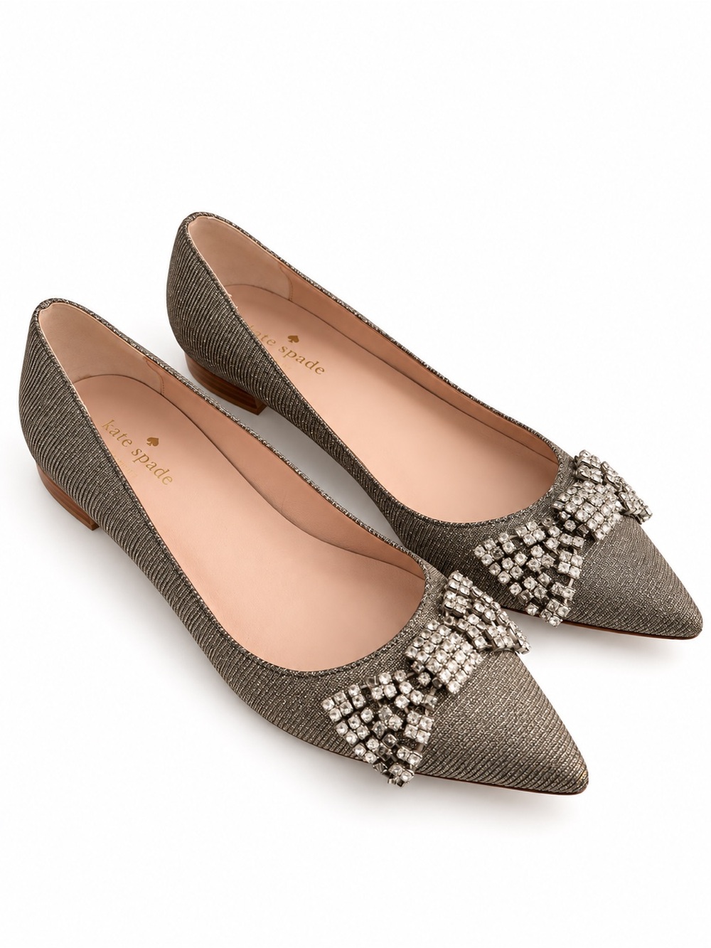 Kate Spade Metallic Pointed-Toe Crystal Bow Flats - Pewter/Gold/Silver